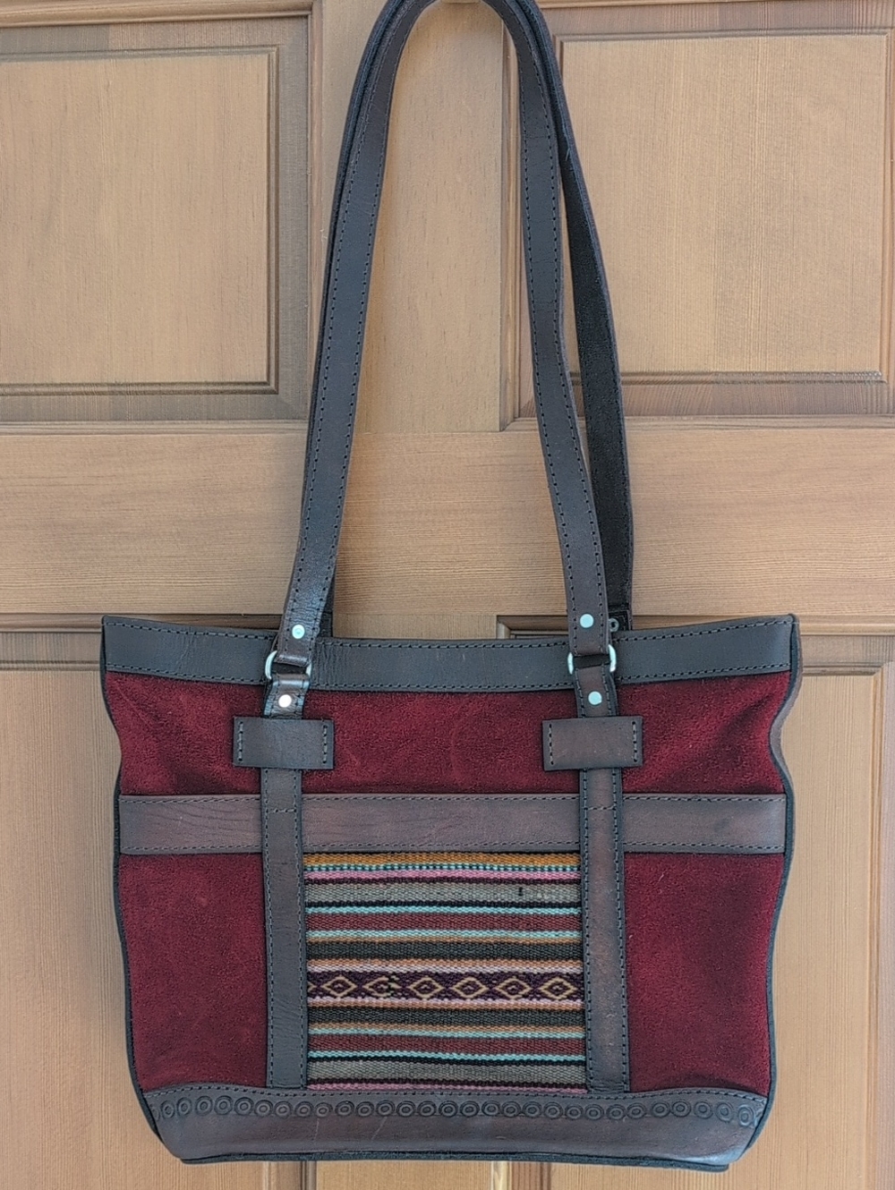 Bolivian Handmade Women's Red Suede Tote Bag with Woven Front Panel